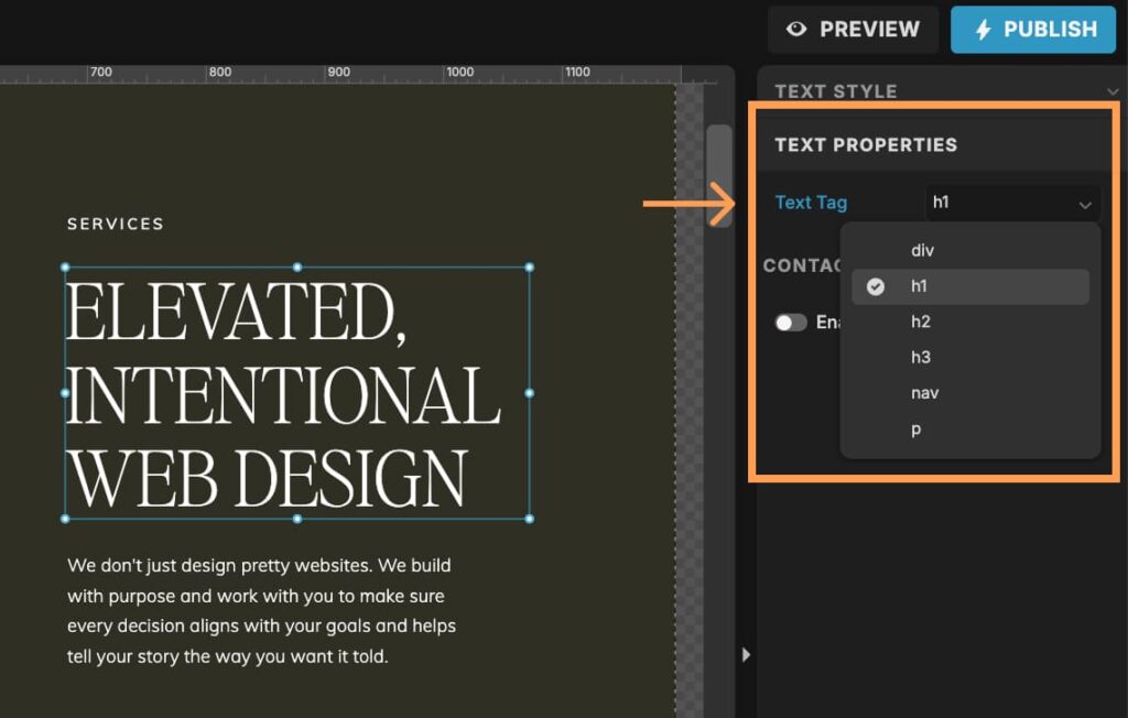 Showit editor showing how to choose a text tag like heading or paragraph for better SEO