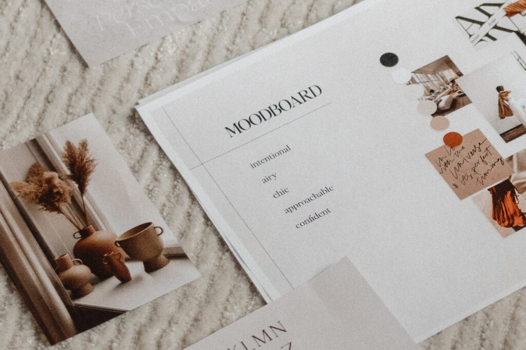 Moodboard with keywords like “intentional,” “airy,” and “confident” surrounded by neutral-toned visuals and styled interior objects, used to define brand tone and visual direction for a wellness website.