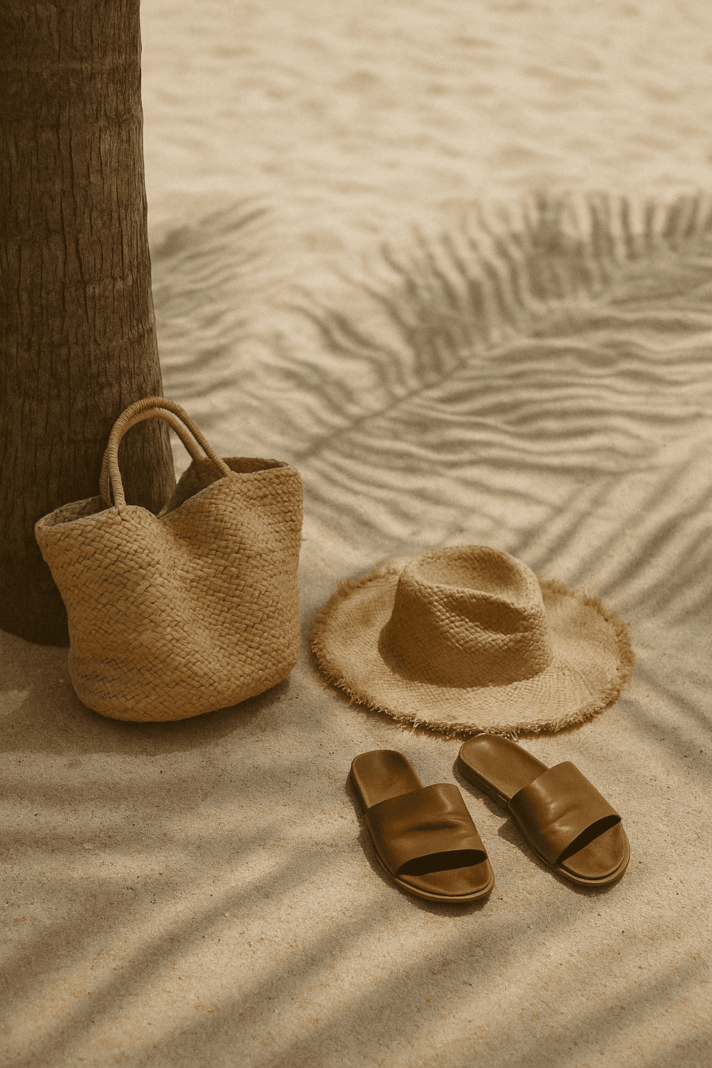 Woven beach tote and sandals sitting in the shade of palm trees on warm sand — effortless, laid-back summer energy.