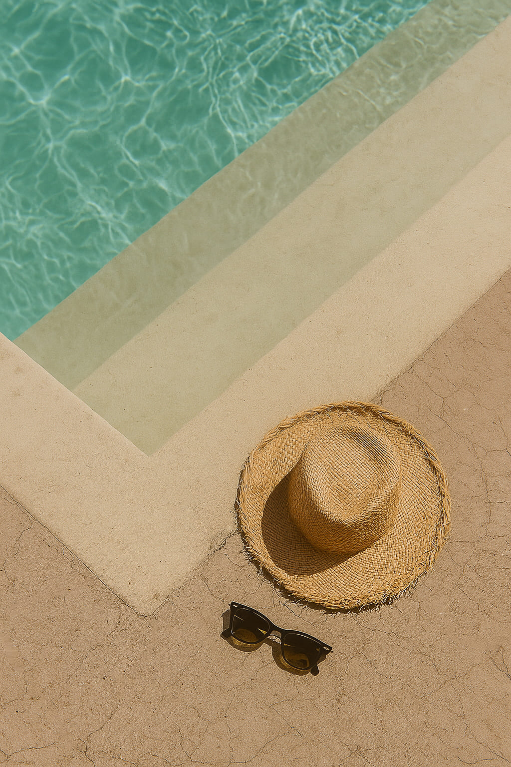 Straw hat and sunglasses resting near the edge of a pool, evoking a quiet, sunny summer afternoon with nothing to do.
