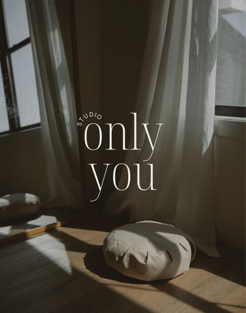 Studio Only You logo displayed over a warm, sunlit meditation space with neutral tones, reflecting the calm and intentional feel of the brand.