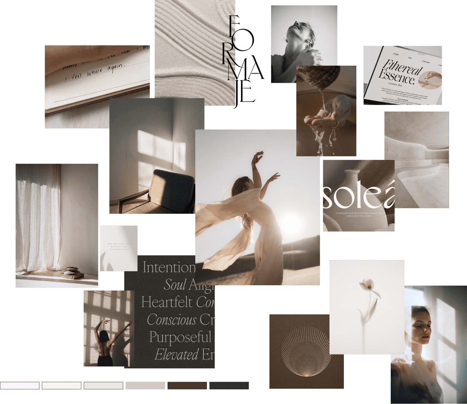 Moodboard for Studio Only You brand direction showing soft neutral tones, natural light, and movement inspired by meditation and mindful living