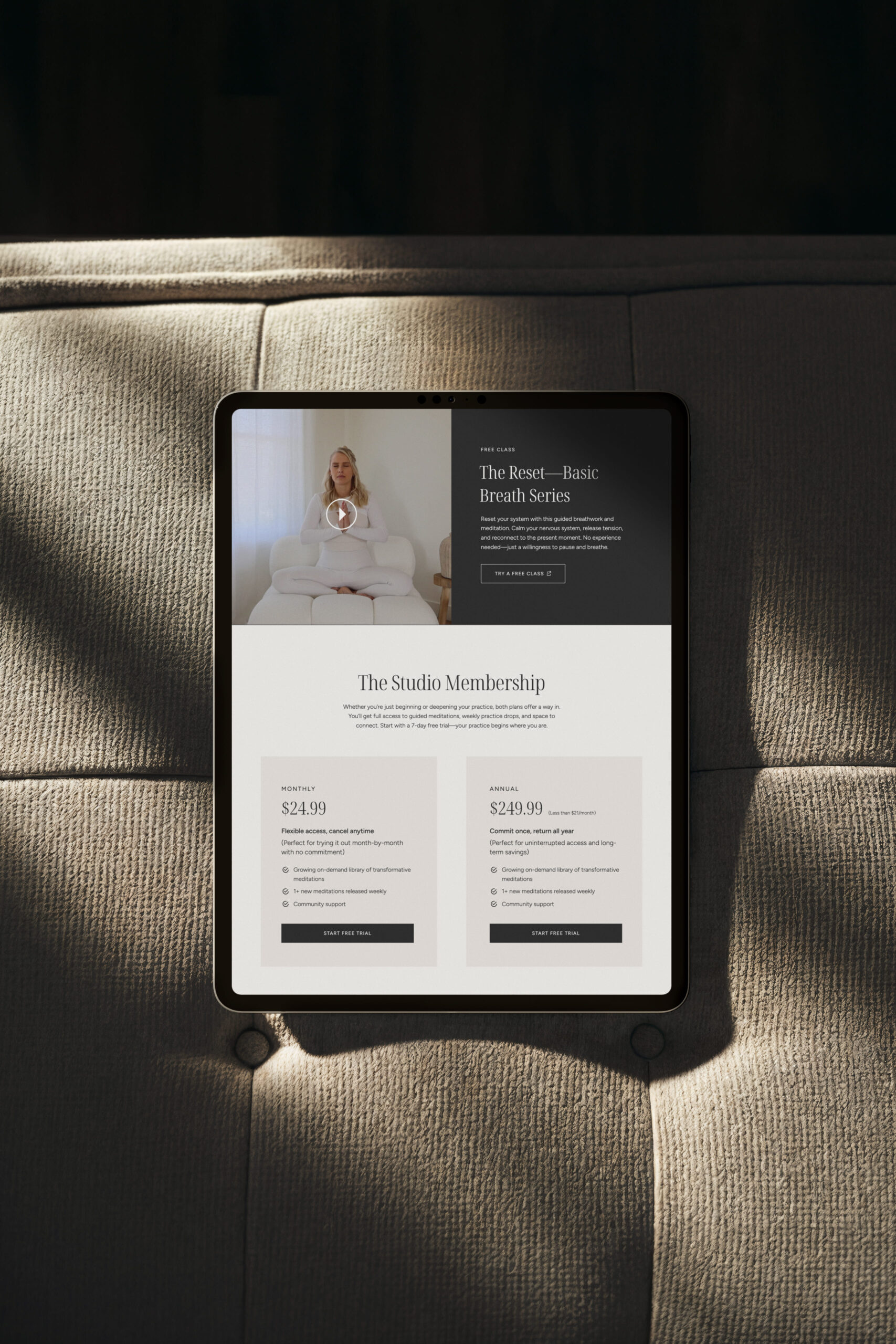 Example of a Showit shop design for selling online wellness membership.