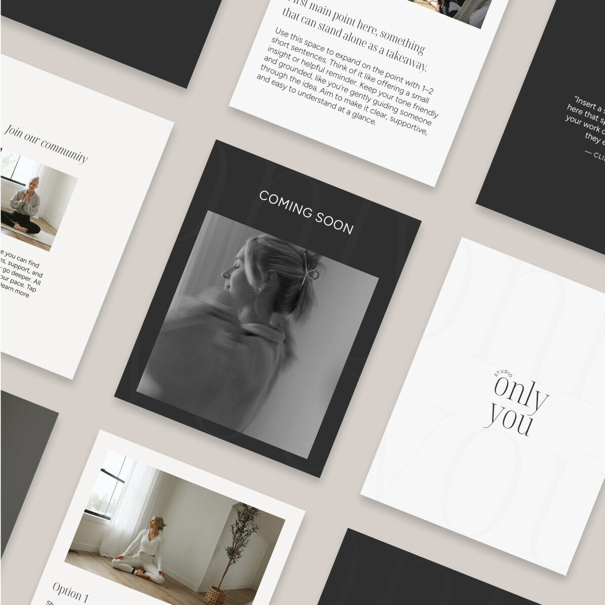 Branded social media graphics for Studio Only You, designed to match the neutral, refined aesthetic of the meditation membership website.