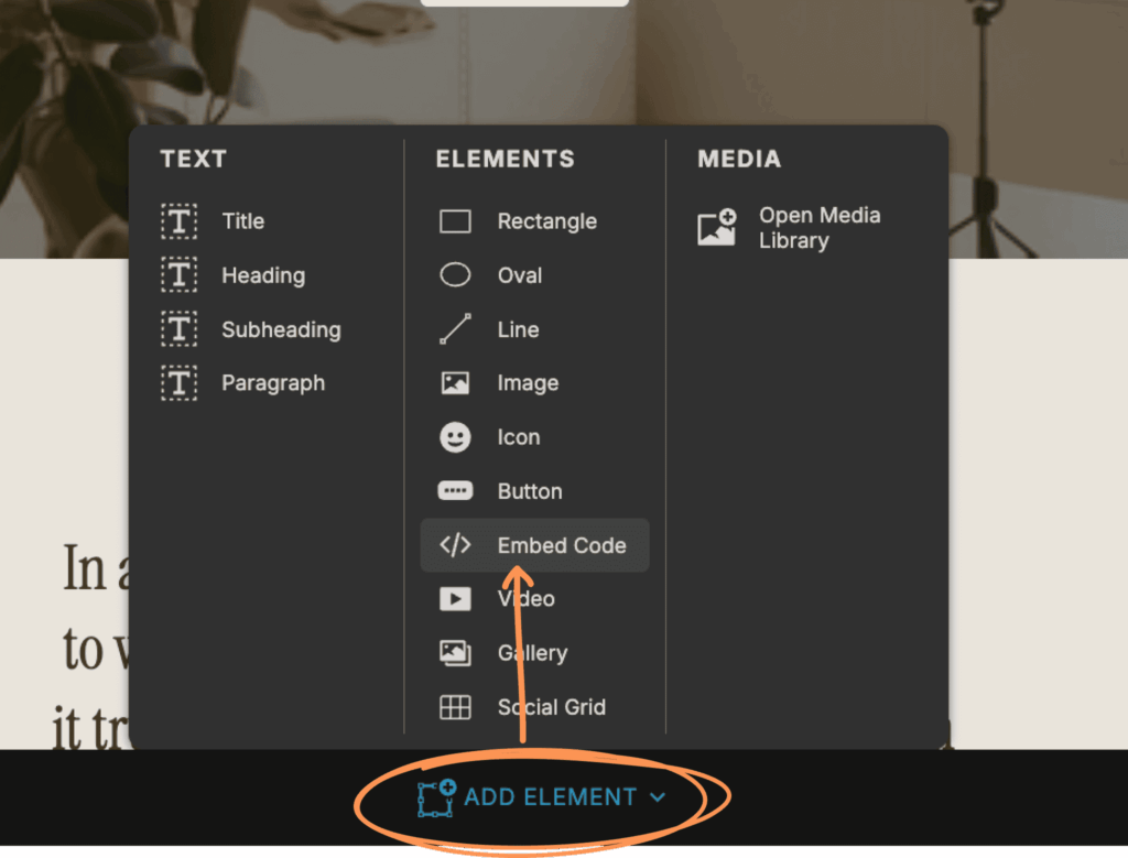 How to add a Buy Button on Showit using the Add Element and Embed Code feature.