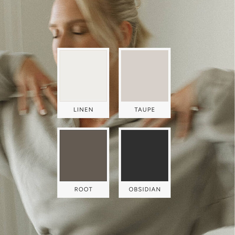 Studio Only You brand color palette showing linen, taupe, root, and obsidian tones over a soft motion portrait, reflecting the calm and refined feel of the meditation brand.