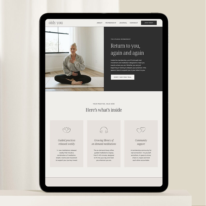 Studio Only You membership page displayed on iPad showing guided meditation offerings, community support, and clean Showit website design by VERVE & COLOR.