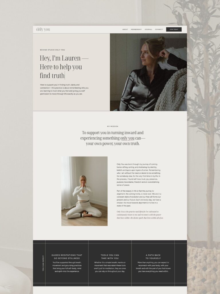 Studio Only You Showit website About page showing Lauren’s photo, mission statement, and calming design created by VERVE & COLOR for her meditation membership.