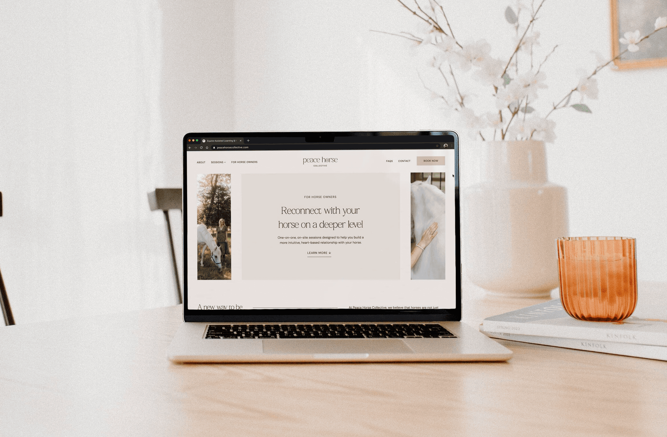 Minimal, neutral-toned website design for Peace Horse Collective displayed on a laptop, showing calm, nature-inspired branding.