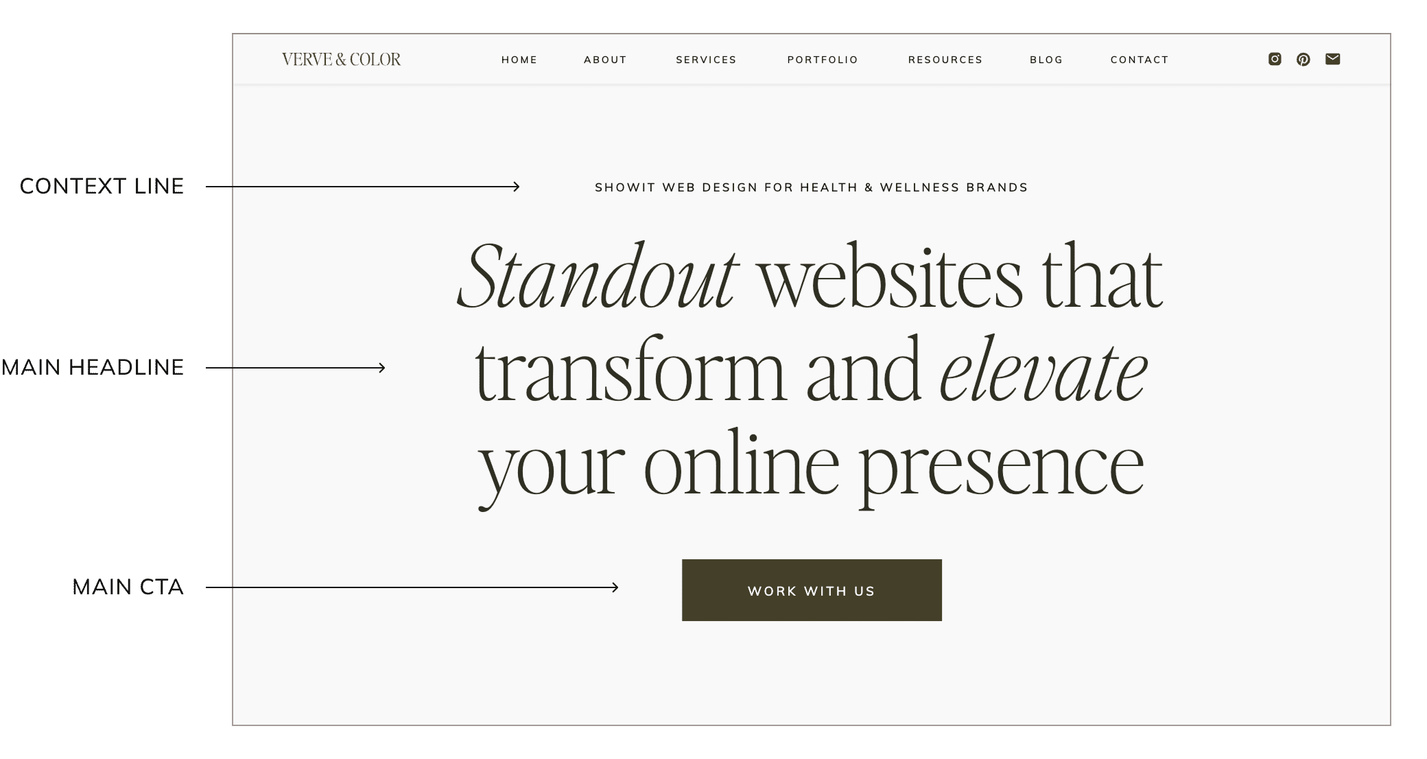 Example of a conversion-focused website hero section showing context line, main headline, and call-to-action button designed by VERVE & COLOR.