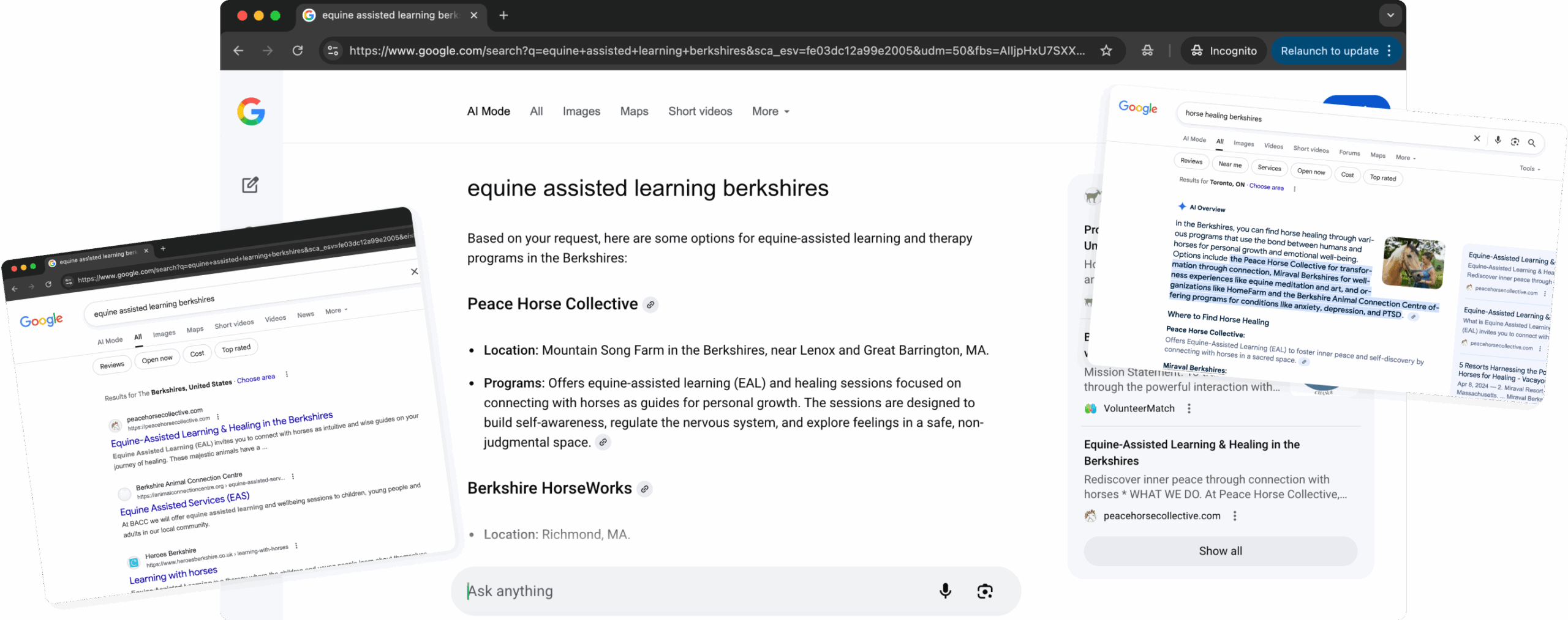 Screenshots showing Peace Horse Collective ranking #1 on Google and appearing in the AI Overview for equine-assisted learning in the Berkshires.
