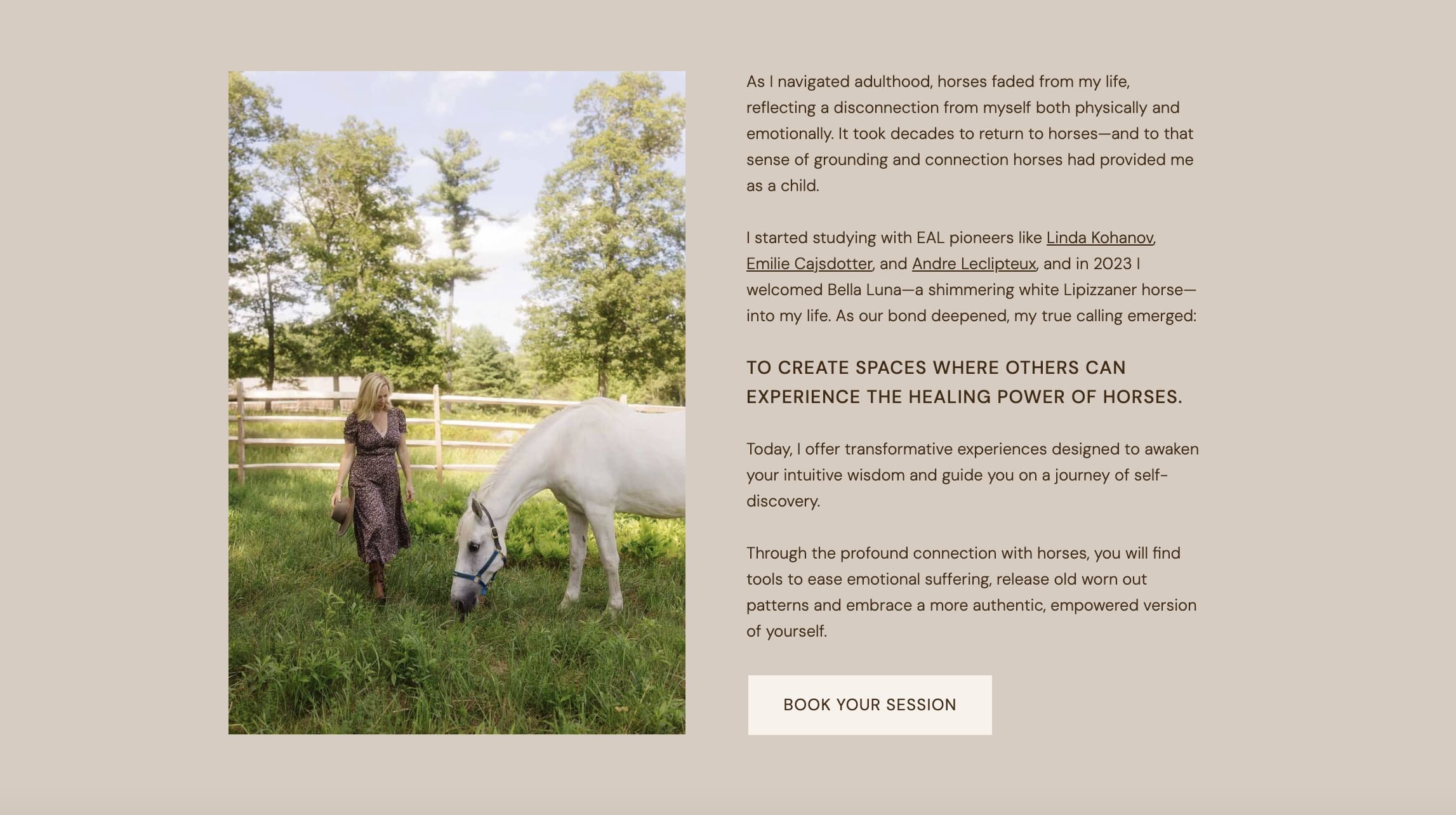 Brand photo showing woman and white horse positioned to draw the viewer’s eye toward a website call-to-action button.